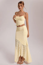 Light Yellow Lace Cami Ruffle Crop Top High Waist Skirt Sets