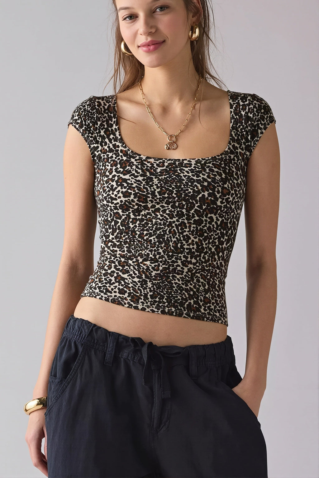 Square Neck Ribbed Printed T-Shirt