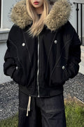 Black Short Puffer Fur Collar Jacket
