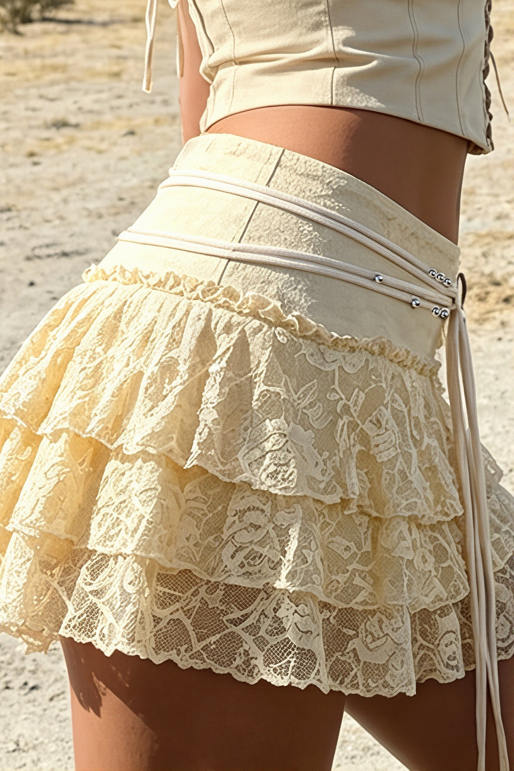 Lace Drawstring Ruffle Tiered Mini Skirt