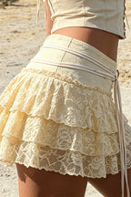 Lace Drawstring Ruffle Tiered Mini Skirt