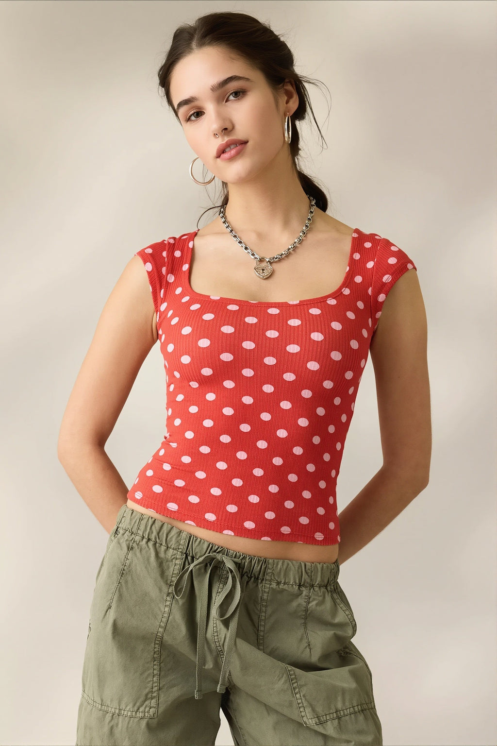 Square Neck Ribbed Printed T-Shirt