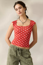 Square Neck Ribbed Printed T-Shirt