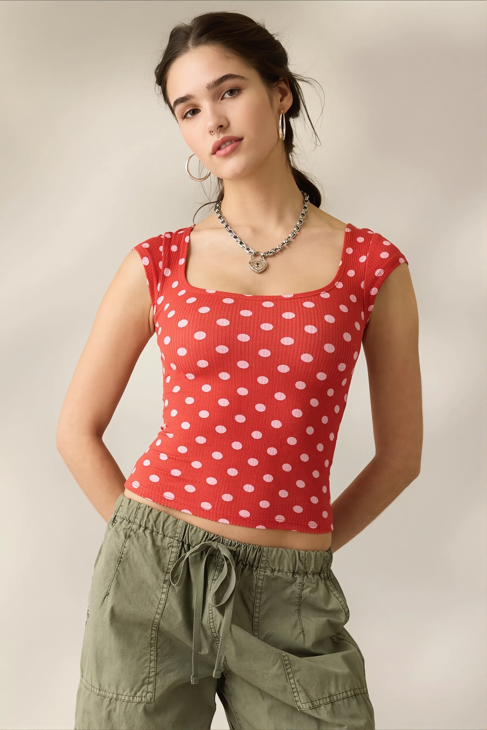 Square Neck Ribbed Printed T-Shirt