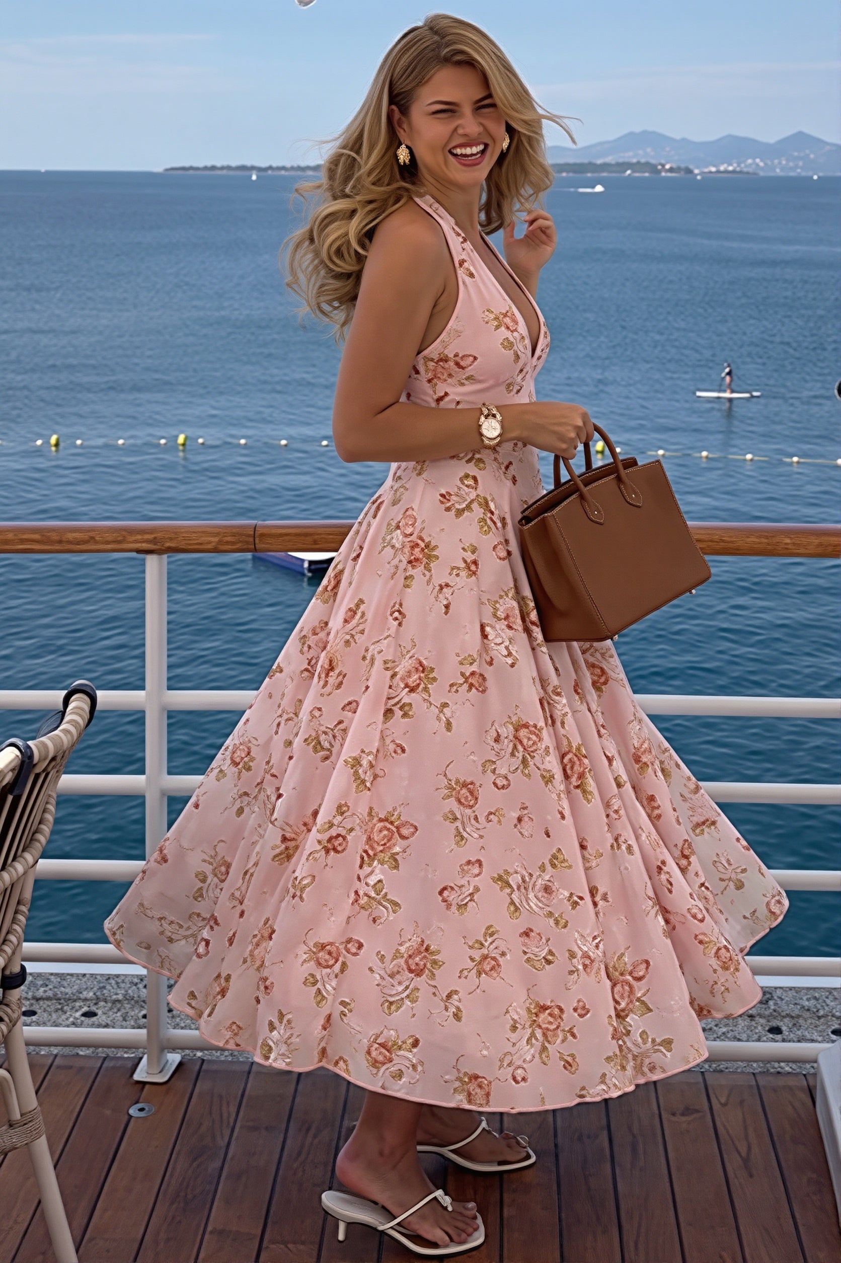 Print Halter Neck V Sheer Mesh Backless Midi Dress
