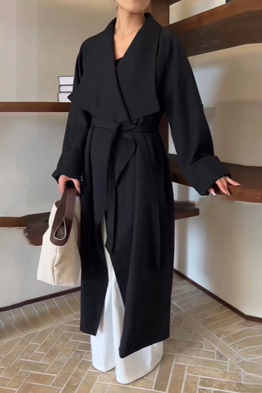 Korean Hepburn Lazy- Belted Waist-Tie Long Overcoat