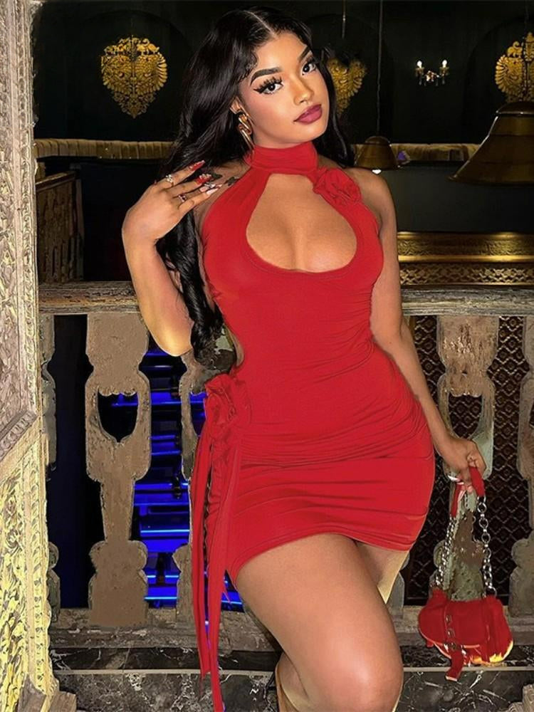 3D Flower Decoration Red Vacation Dresses Hollow Backless Bodycon Party Dress
