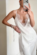 Satin V Neck Lace Slit Cami Top