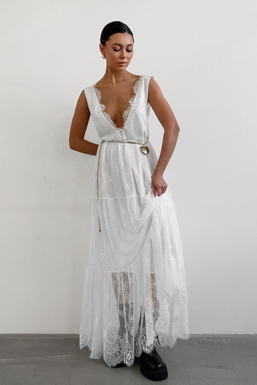 Solid V Neck Loose Lace Maxi Dress