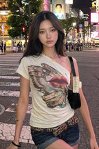 Butterfly Lips Print Off‑Shoulder T‑Shirt