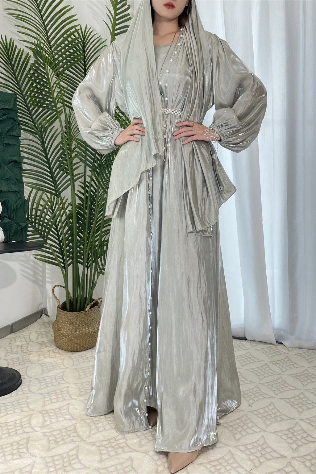 Shimmer Tulle Inner Skirt Outer Headscarf Three Piece Prom Dress