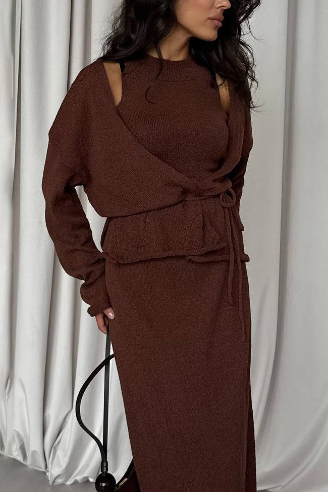 Knit Vest & Bodycon Skirt With Belt Three Piece Set