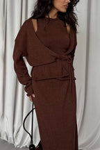 Knit Vest & Bodycon Skirt With Belt Three Piece Set