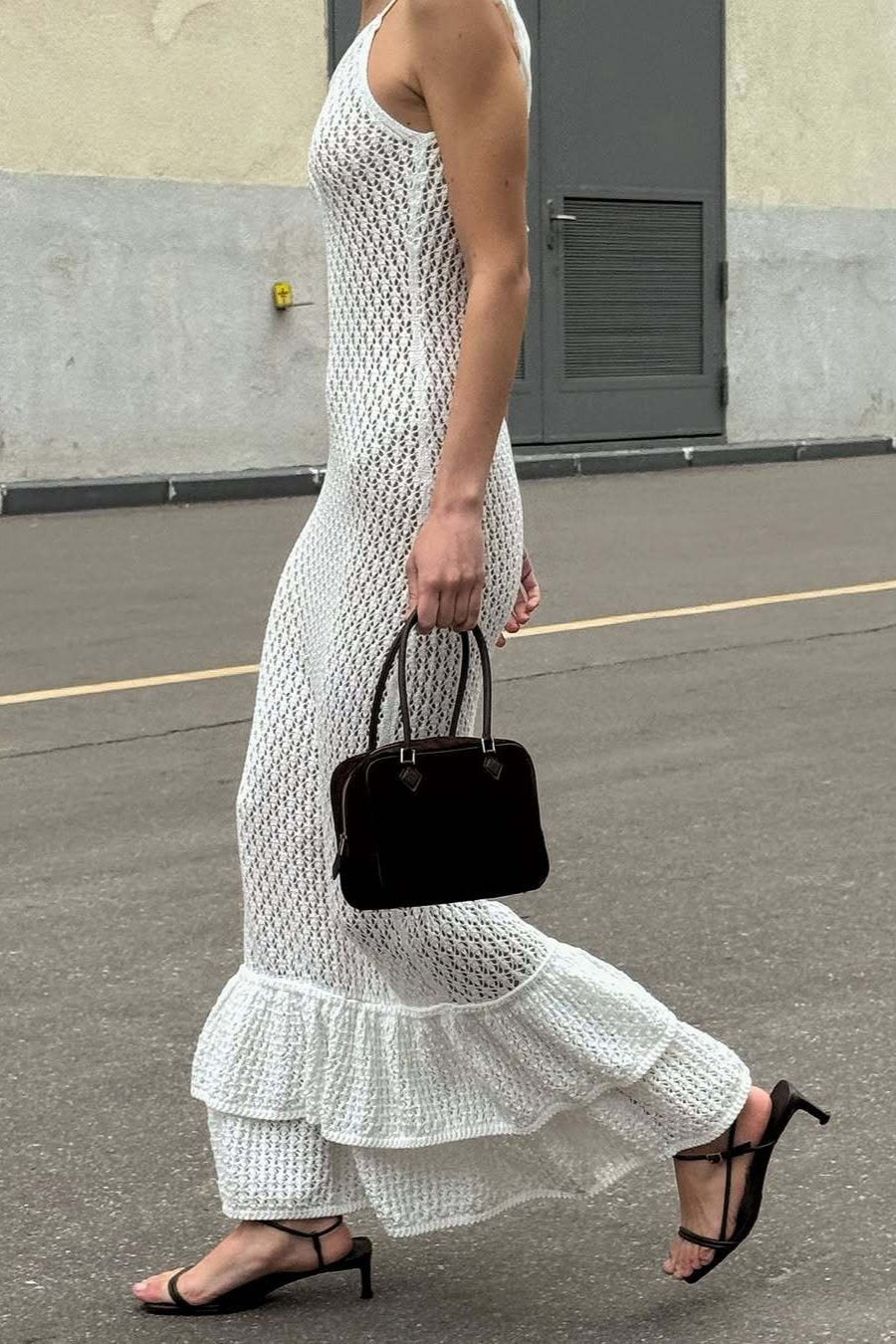 Boho Ruffle Knit Cutout Sheer Cami Maxi Dress