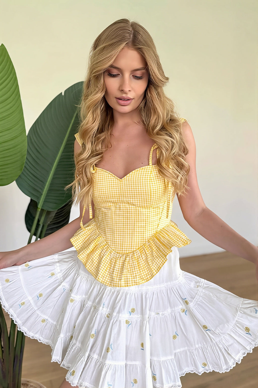 Gingham Ruffle Lace Up Waist Cinch Cami Top