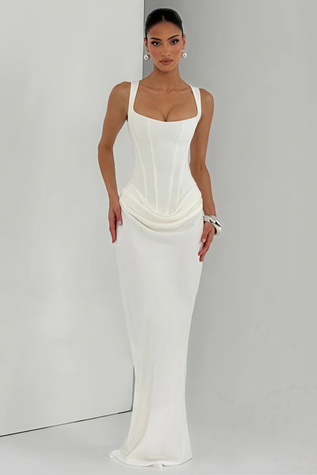 Ruched Spaghetti Strap Boned Waist Cinching Bodycon Maxi Dress