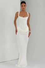 Ruched Spaghetti Strap Boned Waist Cinching Bodycon Maxi Dress