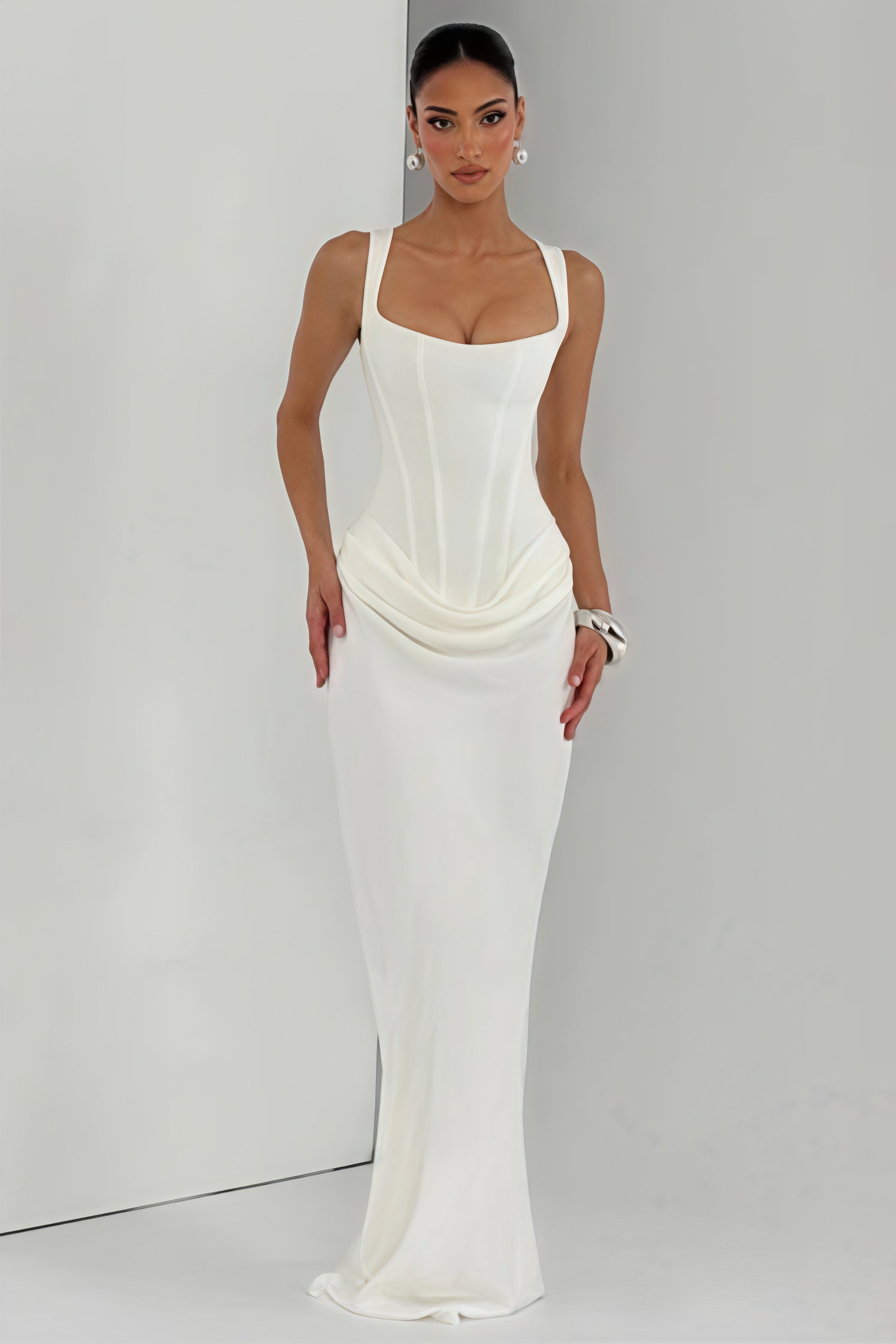Ruched Spaghetti Strap Boned Waist Cinching Bodycon Maxi Dress