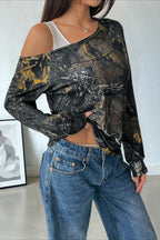Patchwork Layered Asymmetrical Shoulder Long Sleeve Tee