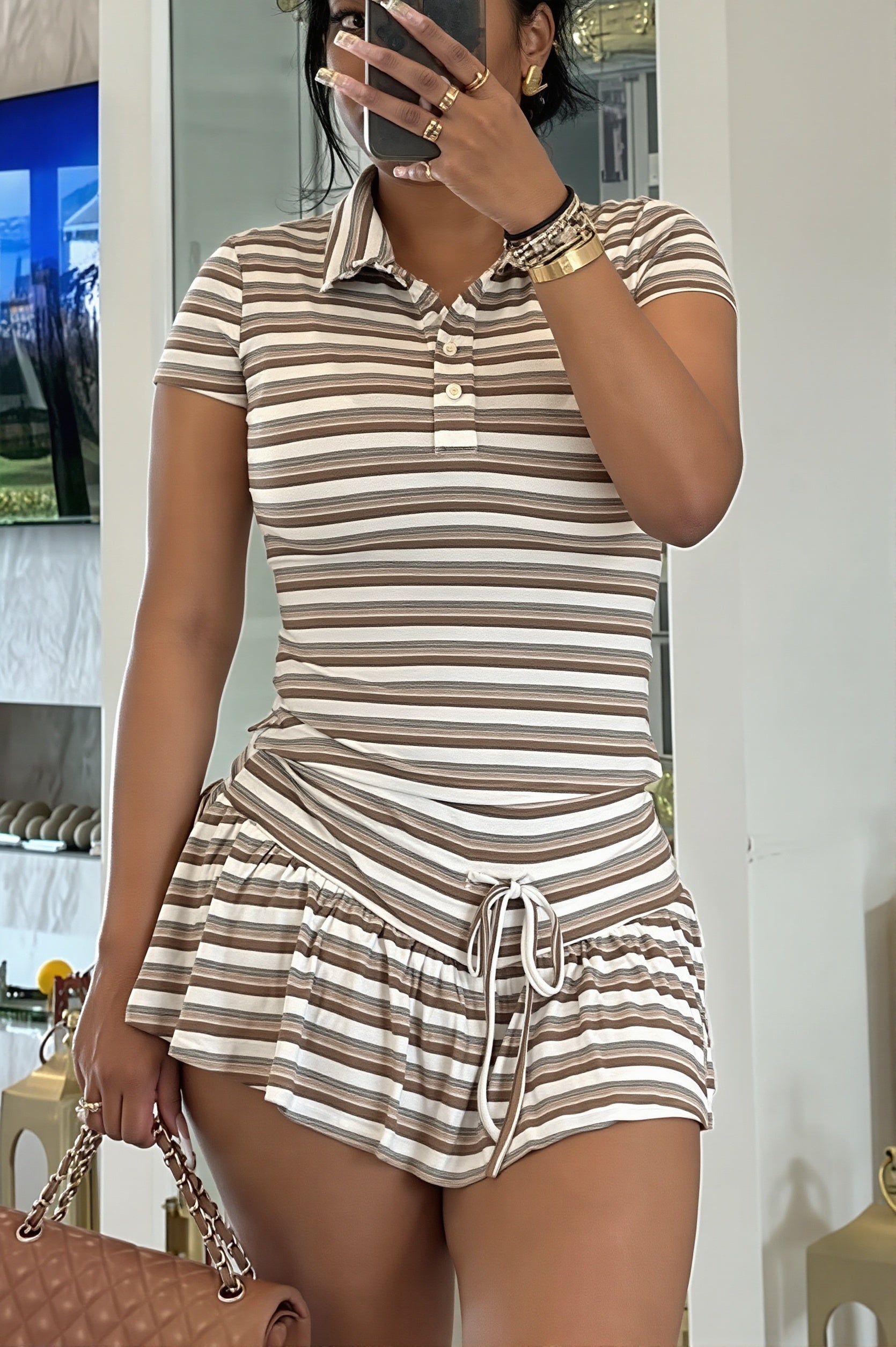 Stripe Polo Tie Waist Skirt Set