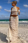 Lace Trim Halter Open Back Ruched Skirt Sets