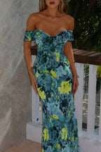 Tie Strapless Ruffled Print Bodycon Maxi Dress