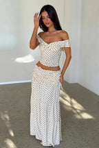 Off Shoulder Crop Top Polka Dot Fish Tail High Rise Skirt Sets