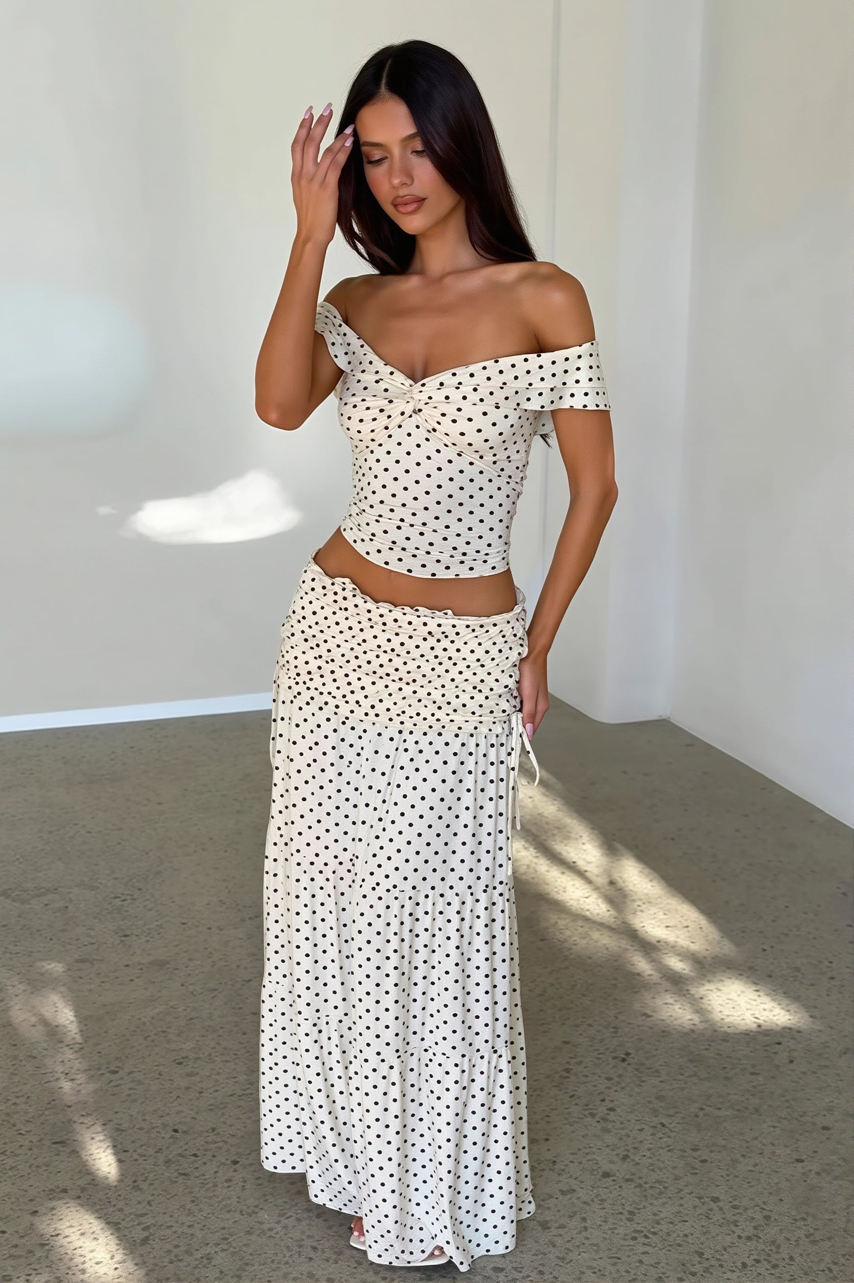 Off Shoulder Crop Top Polka Dot Fish Tail High Rise Skirt Sets