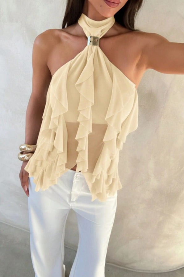 Solid Ruffle Slim Halter Top