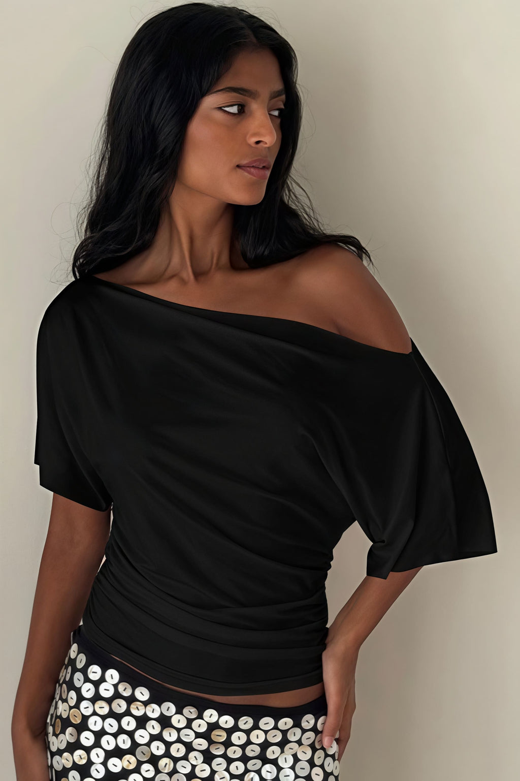 Solid Off Shoulder Shirred Waist T-Shirt