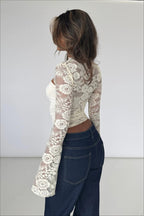 Lace Spliced Hollow Out Long Sleeve Tee