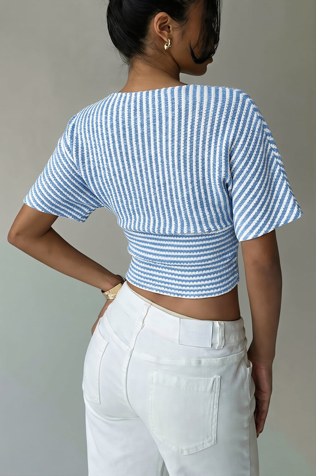 V Neck Striped Bat Sleeve T-Shirt