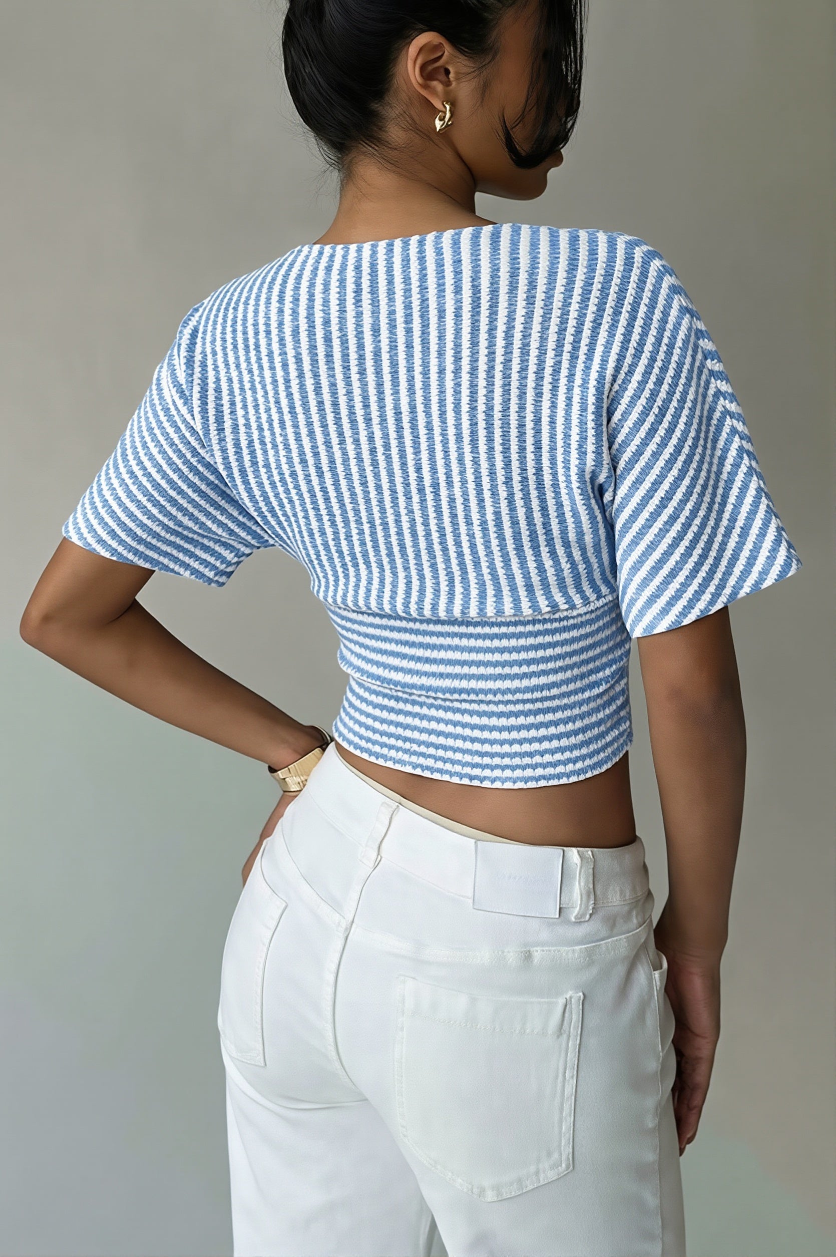 V Neck Striped Bat Sleeve T-Shirt