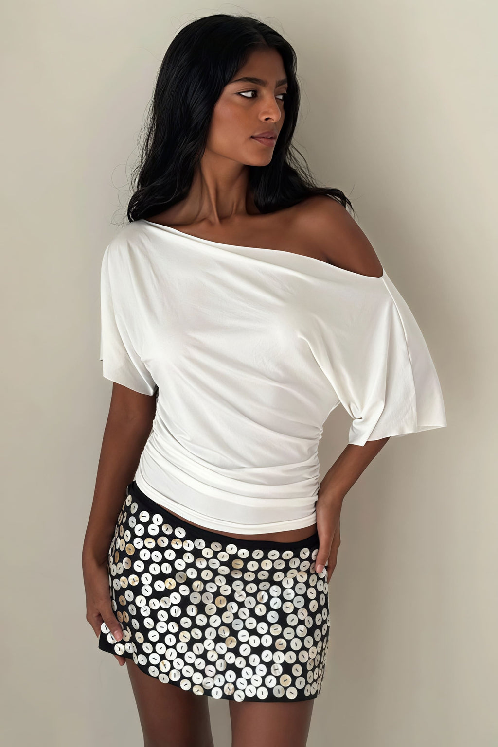 Solid Off Shoulder Shirred Waist T-Shirt