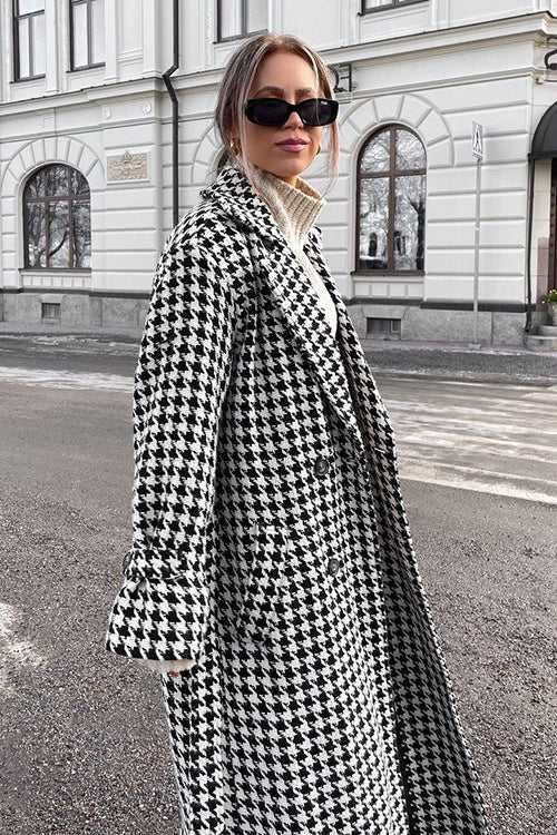 Houndstooth Long Trench Coat Elegant Overcoat