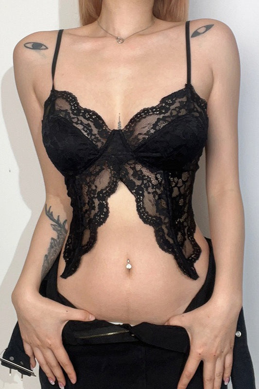 Sheer Lace Ruffle Butterfly Cami Top