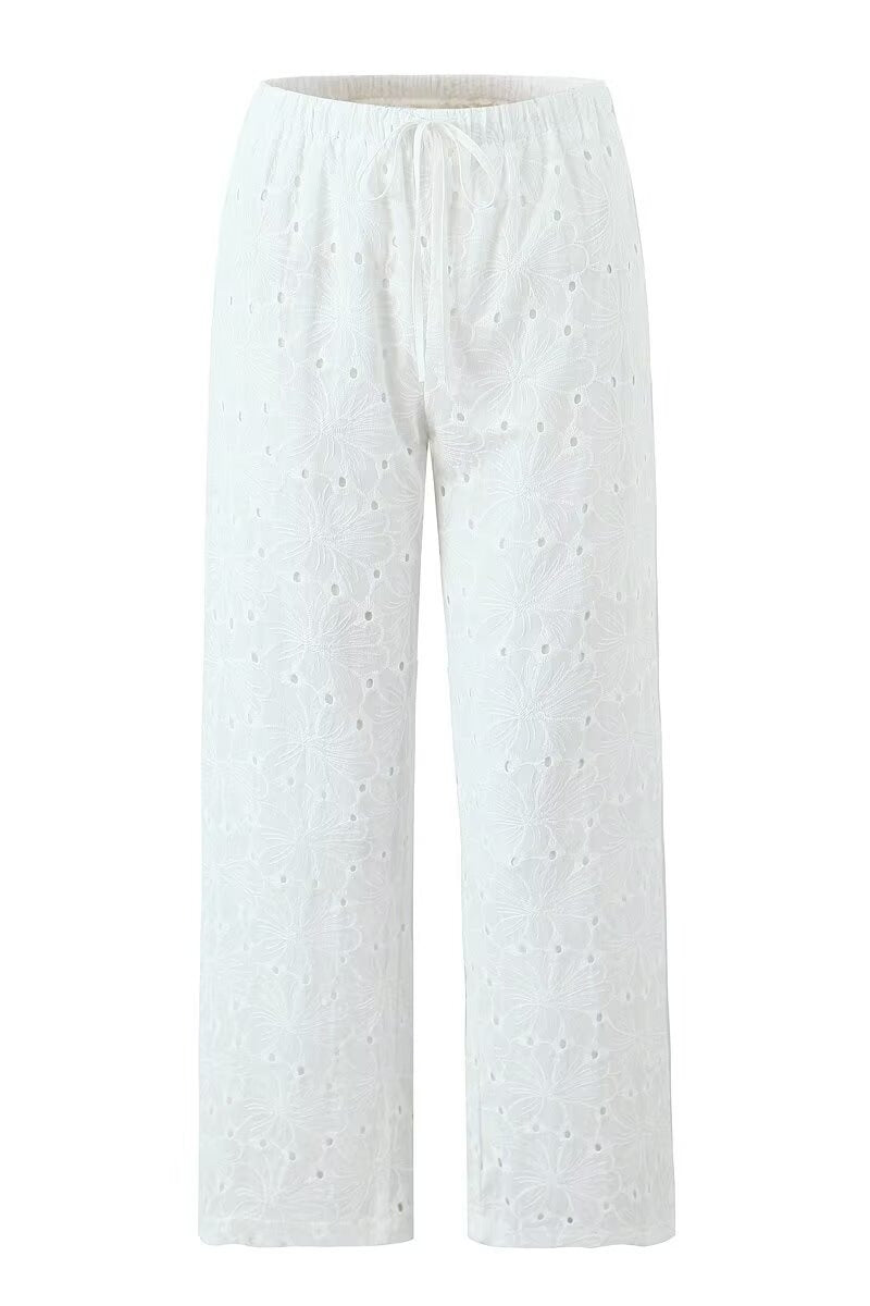 White Floral Embroidery Relaxed Pants