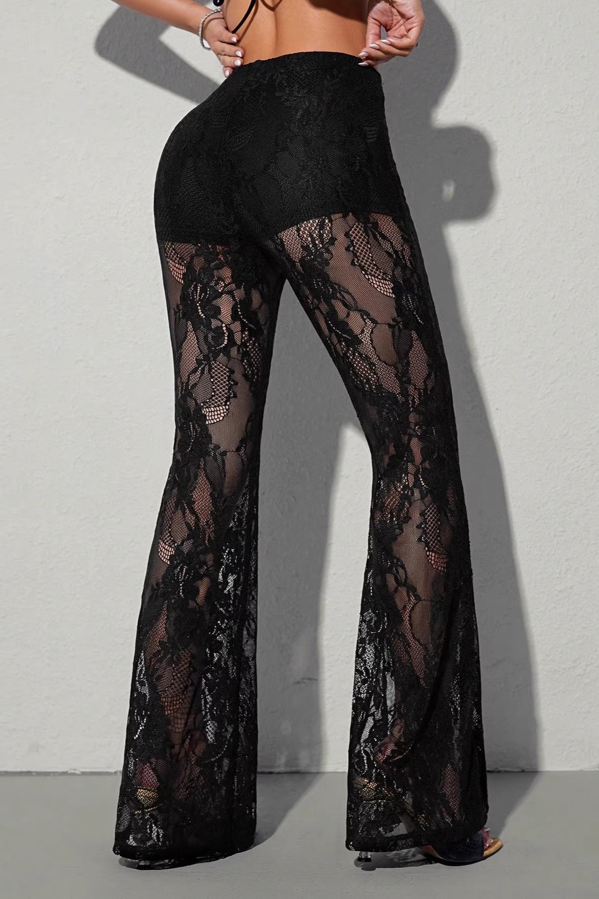 Lace Panel Flared Mesh Pants