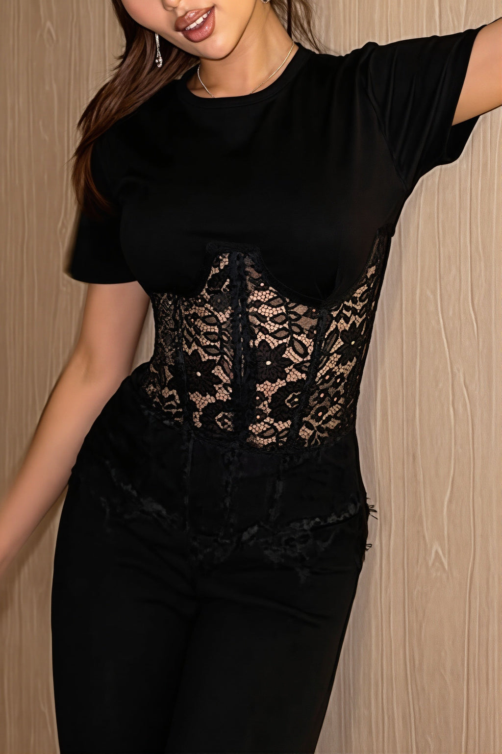 Lace Sheer Patchwork Cropped T-Shirt