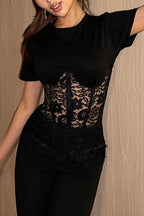 Lace Sheer Patchwork Cropped T-Shirt