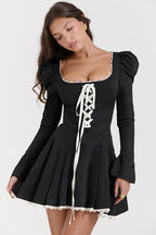 Black And White Ruffle Neckline Tie Waist Mini Dress