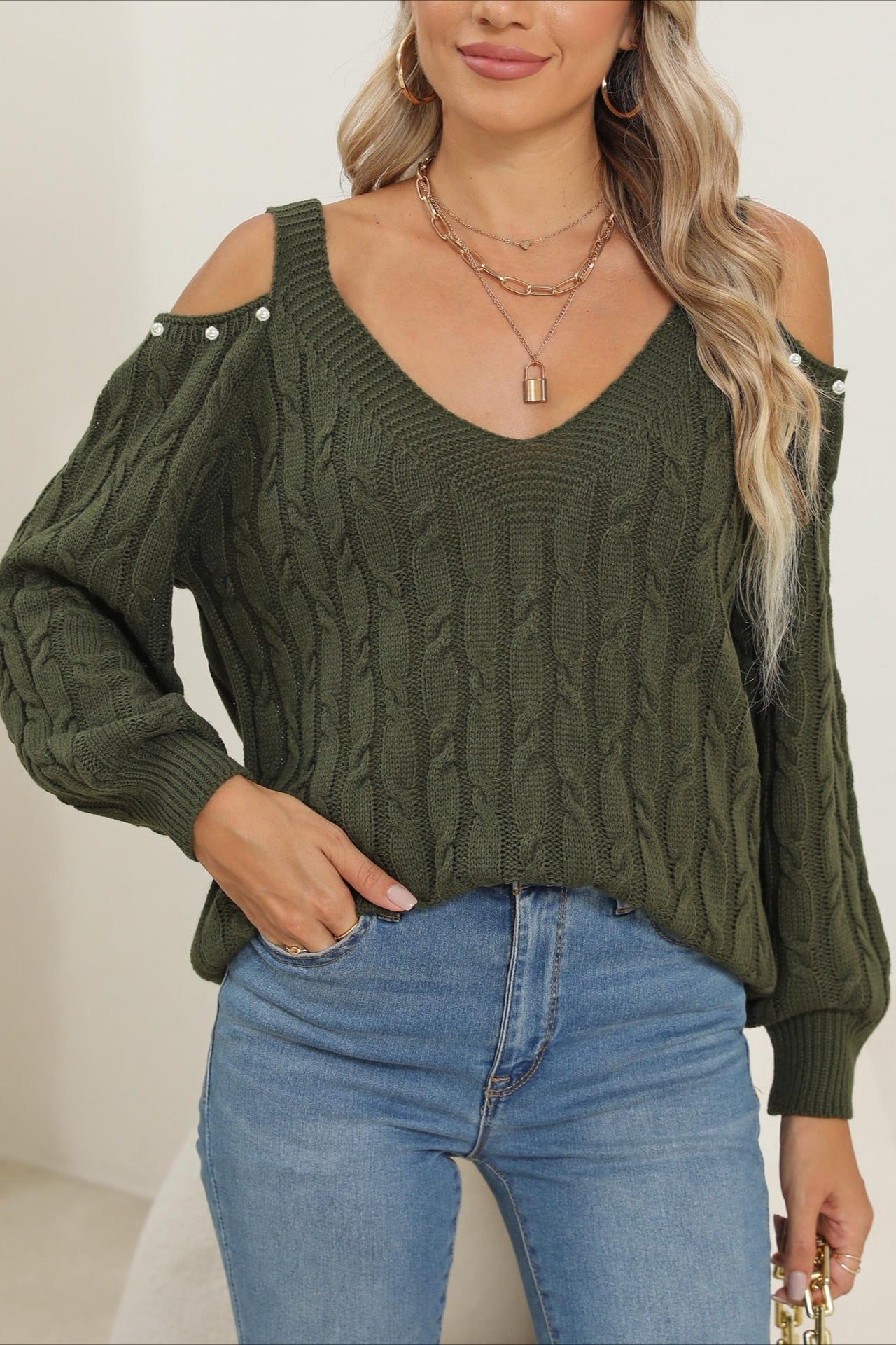 Deep V Off-Shoulder Loose Pullover Sweater