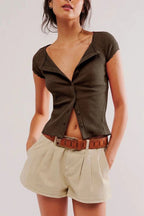 Button Short Sleeve Ribbed Cardigan