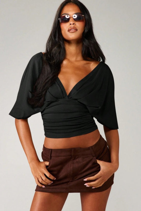 Deep V Neck Knot Front Ruched Crop T-Shirt