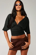 Deep V Neck Knot Front Ruched Crop T-Shirt