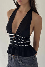 Deep V Cut Out Backless Halter Bodycon Fit Top