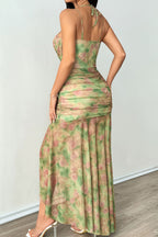 Floral Print Spaghetti Strap Split Underwire Boned Maxi Dress