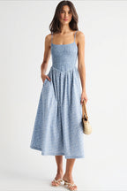 Striped Pocket A-Line Printed Midi Dress
