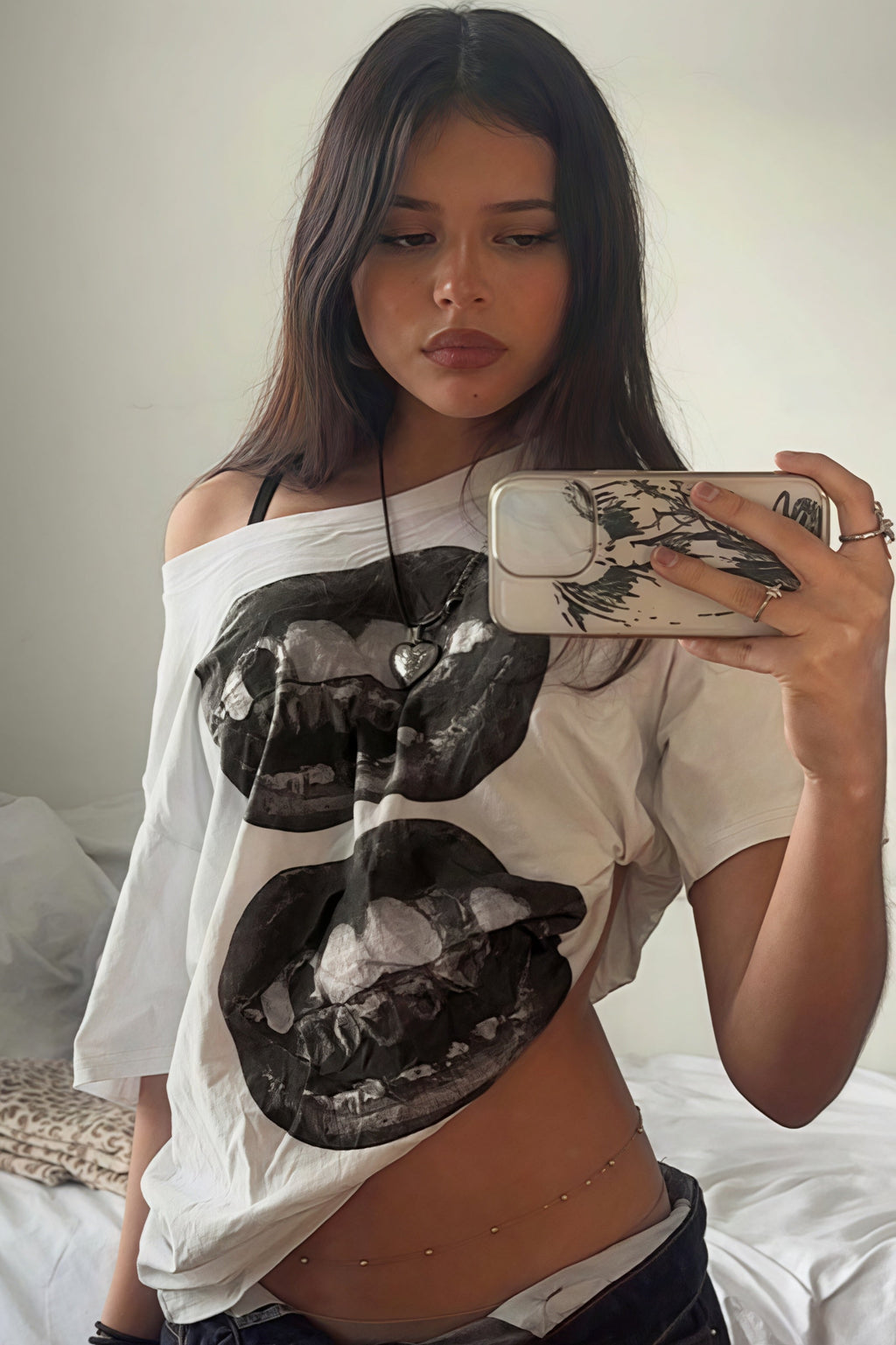 Hip Hop Lip Print Asymmetric Neck T-Shirt
