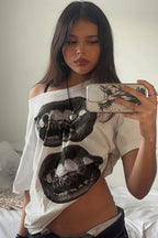 Hip Hop Lip Print Asymmetric Neck T-Shirt